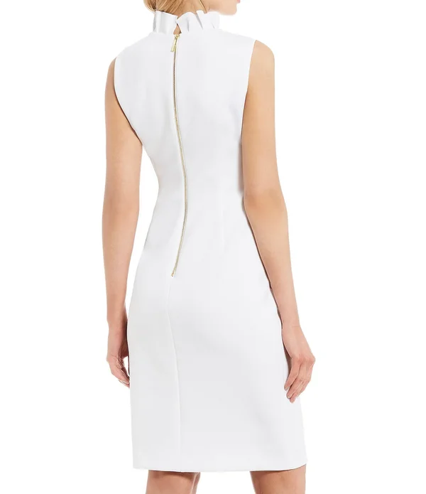 Calvin Klein Ruffle Neck Sheath Dress, Women's, Size: 12, White