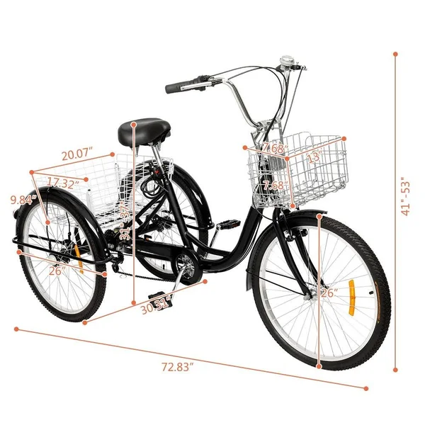 Adult Tricycle 26x22 Wheels, 7 Speed Men's Women's Bike - Black
