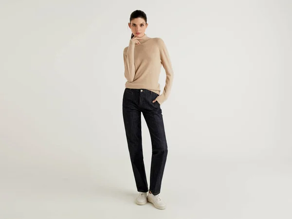 Benetton - Beige Turtleneck Sweater in Pure Merino Wool Customizable, Size M, Beige, Women