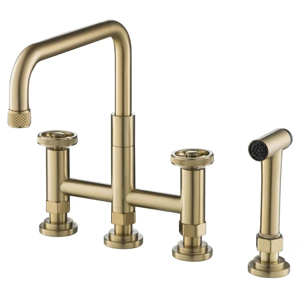 Kraus KPF-3125BG Urbix Industrial Bridge Kitchen Faucet with Side Sprayer Brushed Gold
