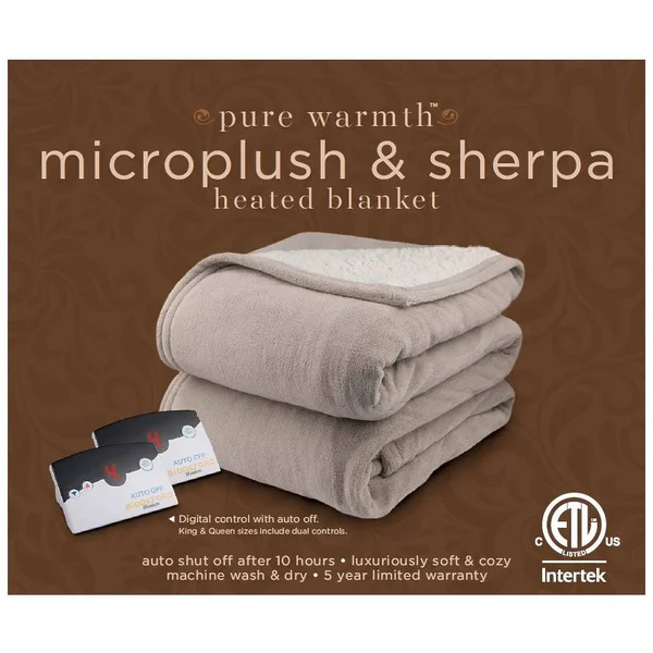 Pure Warmth Microplush Sherpa Electric Heated Blanket King Denim - Blue
