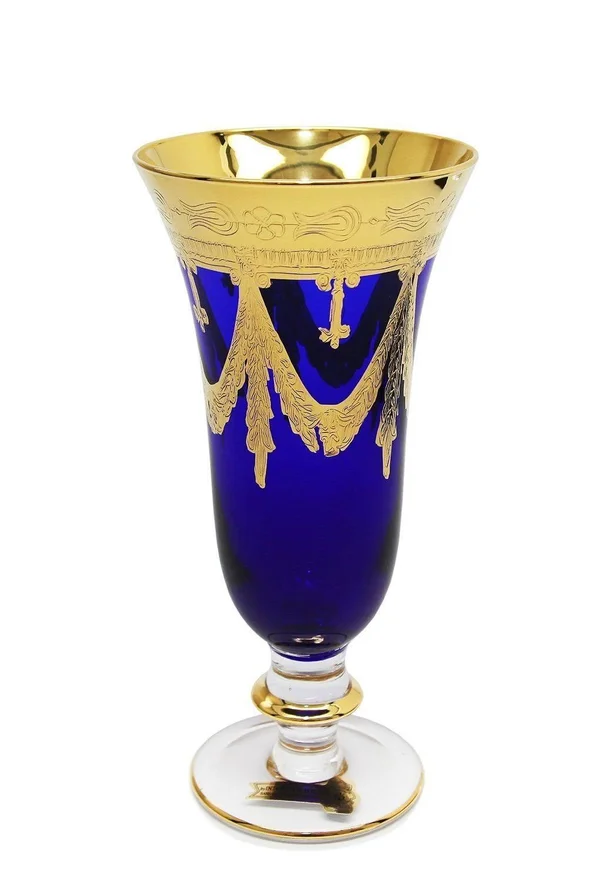 Interglass Italy Set of 6 Crystal Glasses, 24K Gold-Plated (Champagne Flutes, Blue)