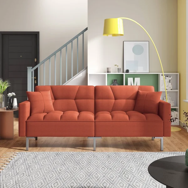 Orange Modern Upholstered Linen Convertible Folding Futon Sofa Bed - Brown