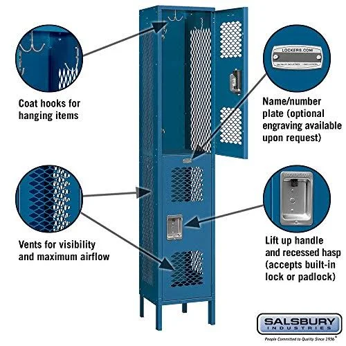 Salsbury Industries Extra Wide Vented Metal Locker - Double Tier - 1 Wide - 6 Feet High - 15 Inches Deep - Blue - Assembled