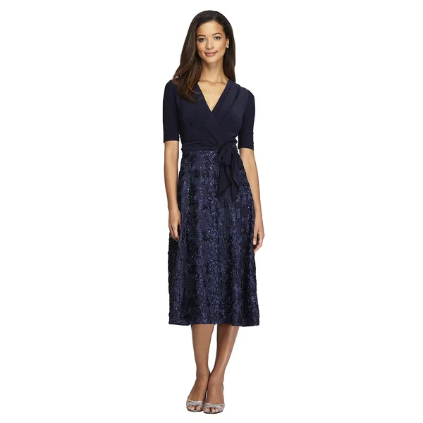 Alex Evenings Petite Rosette-Skirt Fit & Flare Dress - Navy