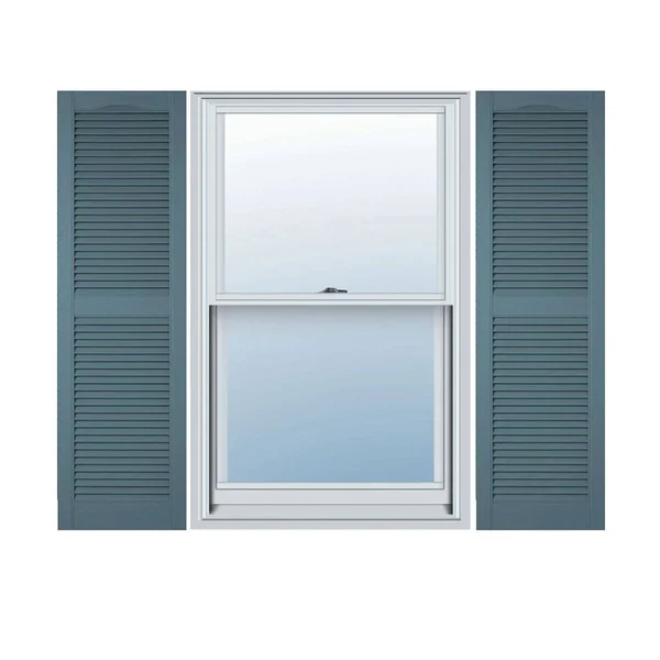 12 inchw x 84 inchh Lifetime Vinyl - Custom Straight Top Center Mullion, Open Louver Shutters, Wedgewood Blue