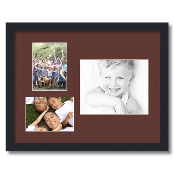 Collage Picture Frame, Satin Black Frame with 3 openings for 8x10 Photos with Red Maroon Mat. D3926IH294, ArtToFrames