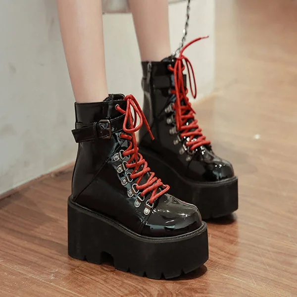 Gothic Punk Wing Platform Boots Red Shoelace - EU34, 22.0cm, 8.67x22