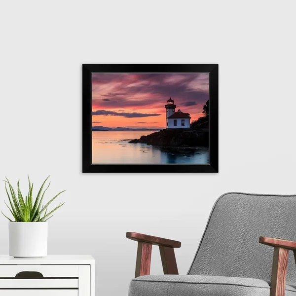 Orange Sunset at Lime Kiln Lighthouse - Black Framed Wall Art, 20x16, Great Big Canvas