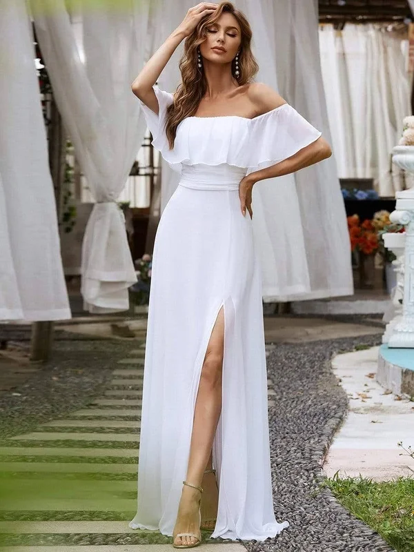 Ever-pretty White Ruffle Off Shoulder High Split Elopement Dress for Beach Wedding Adult Female Polyester