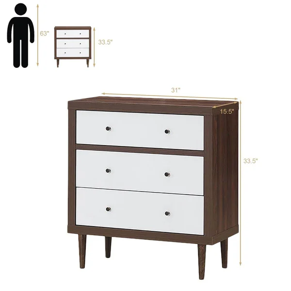 Costway 3 Drawer Dresser Wood Chest of Drawers Storage Freestanding - Brown - 3-Drawer