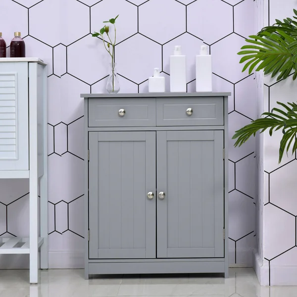 Kleankin Freestanding Bathroom Storage Cabinet Organizer Floor Tower with 2 DOOR, 2 Drawers, Adjustable Shelf, Grey