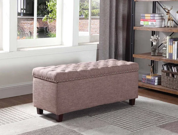 Button Tufted Storage Ottoman with Nailhead, Brown Color