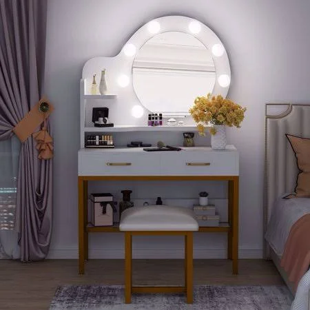 Tribesigns Vanity Set with Round Lighted Mirror and Cushioned Stool, Elegant Makeup Table Vanity Desk with 2 Drawers and Storage