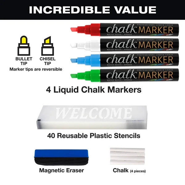Excello Global Products Large Sturdy Handcrafted 40x22 x 20x22 Wooden A-Frame Chalkboard Display - 4 Liquid Chalk Markers &