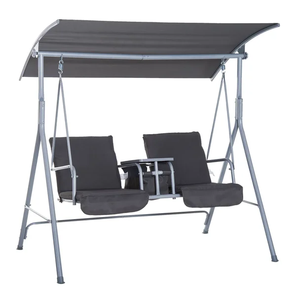 Outsunny 2 Person Porch Covered Swing Outdoor with Canopy, Table and Storage Console, Grey, 53.9 x 21.6 x 6.5 inches