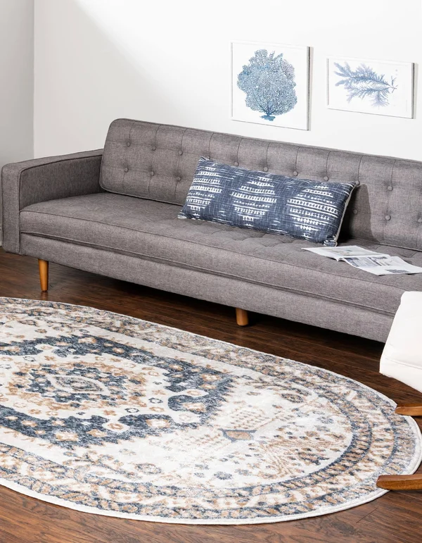 Unique Loom Oxford Medallion Border Rug 5' 1 x 8' Oval Ivory/Blue