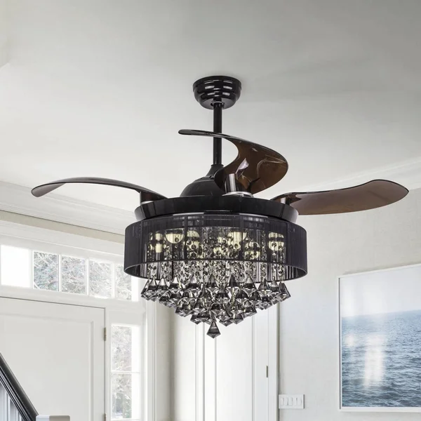 Foldable Blades 46-Inch Black Crystal LED Ceiling Fan Light Kit - Remote