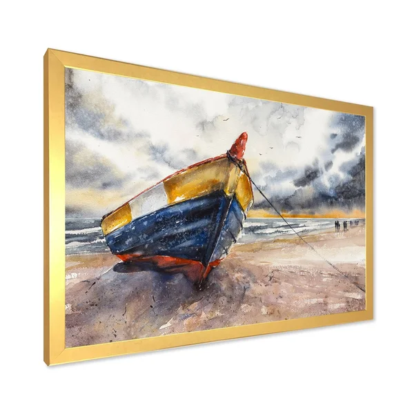 Designart &Wooden Boat on The Baltic Shores& Nautical & Coastal Framed Art Print - 32 in. Wide x 24 in. High - Black