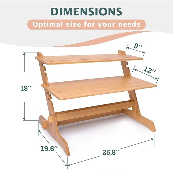 Crew & Axel Standing Desk Converter 100% Natural Bamboo Adjustable Sit Stand Riser Workstation for Desktop or Laptop, Dual M