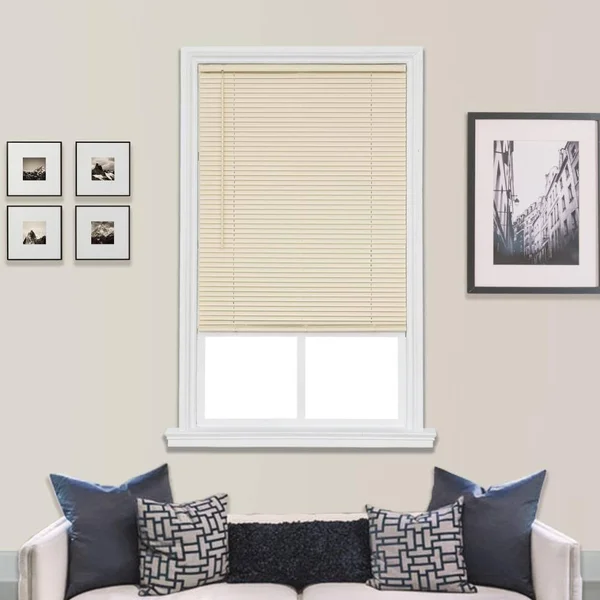 Project Source 1-in Slat Width 61.5-in x 64-in Cordless Ivory Vinyl Room Darkening Mini Blinds in Off-White, CCDDX6664-61.5