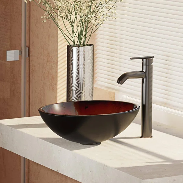 Rene R5-5007-R9-7001 16-1/2x22 Glass Vessel Bathroom Sink with Vessel Faucet Sink Foil Undertone