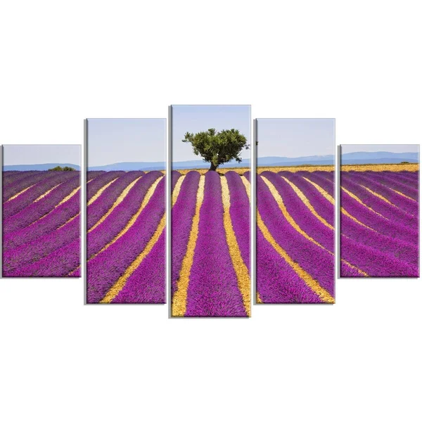 Design Art 'Lavender and Lonely Tree Uphill' 4 Piece Photographic Print on Wrapped Canvas Set, Purple