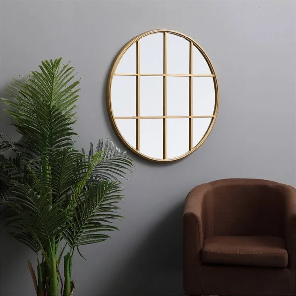 Allora 32x22 Round Mid Century Metal Windowpane Frame Clear Mirror in Brass - A-5145-1998551