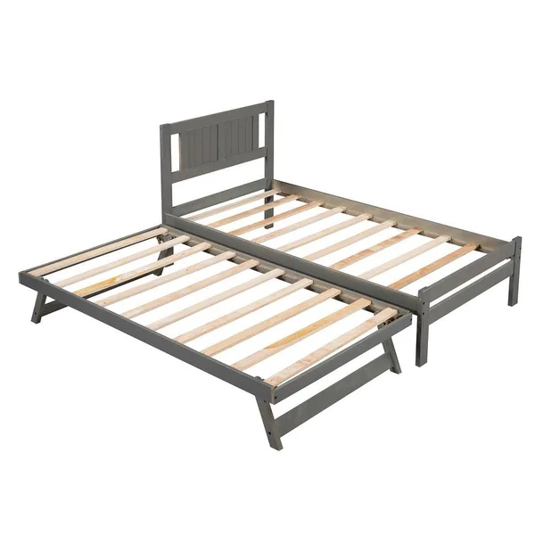 Qualfurn Gray Twin Size Platform Bed with Adjustable Trundle