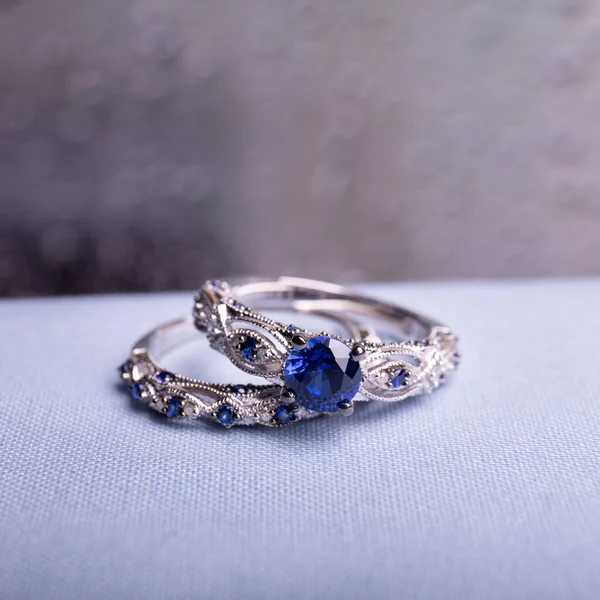 Miadora 10K White Gold Created Blue Sapphire 1/10ct TDW Diamond Vintage Bridal Set - 9