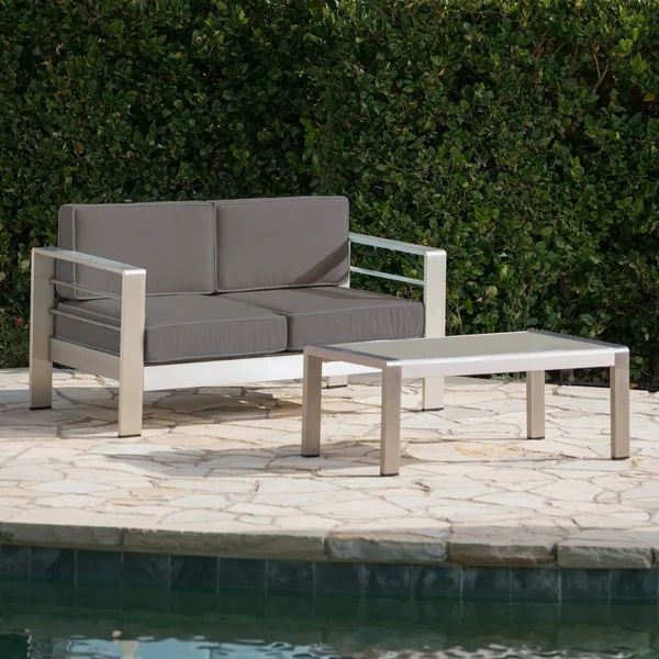 Cybele Doris Outdoor Silver Aluminum Loveseat and Coffee Table Set with Water Resistant Cushions - Light Teal