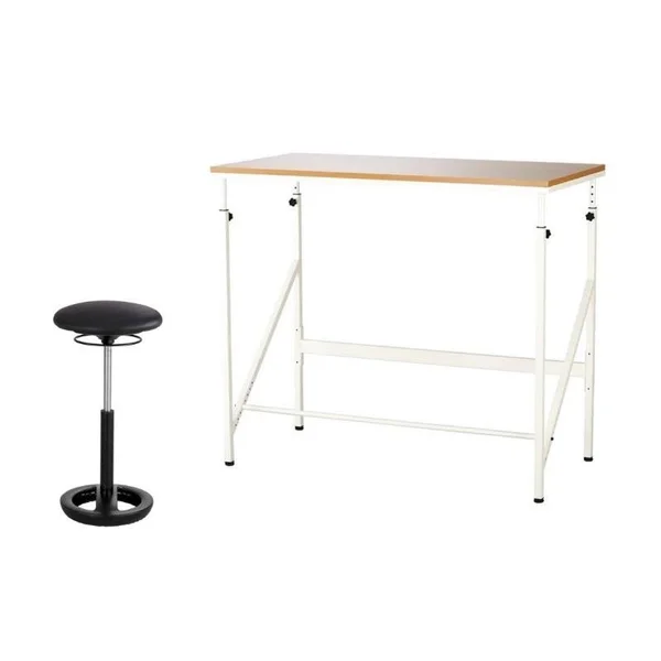 Safco Elevate 48x22 Standing Desk with Vinyl Drafting Chair in Cream and Black