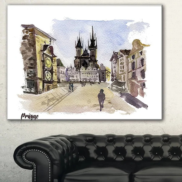 Design Art Prague Hand'drawn Illustration' Cityscape Painting Canvas Print - Green, 40 in. Wide x 20 in. High