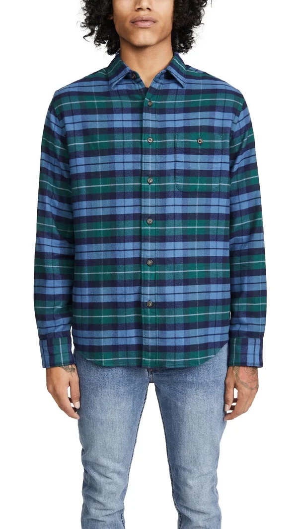 Faherty Men's Stretch Seaview Flannel - Blue Green Box Plaid XL