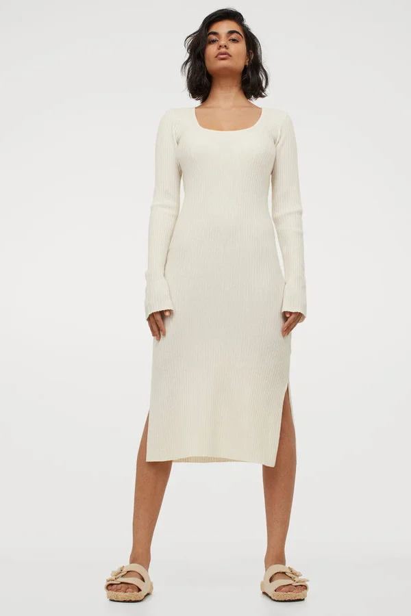 Ladies - White Rib-Knit Dress - Size: M - Hu0026M
