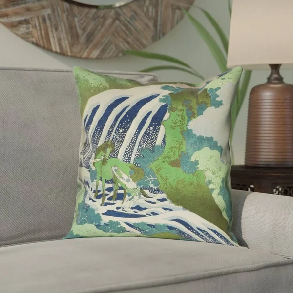 Bloomsbury Market Yasmina Eclectic Square Horse and Waterfall Pillow COVER, Green