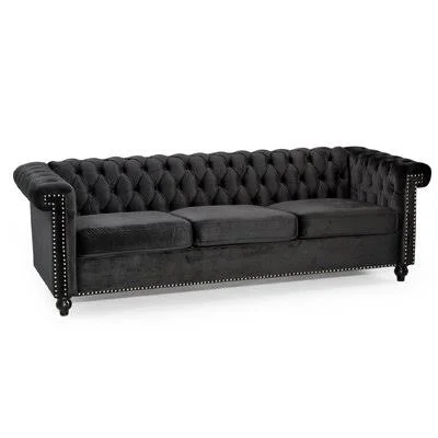 Johnstown 83x22 Rolled Arm Chesterfield Sofa Everly Quinn Fabric: Black 100% Polyester