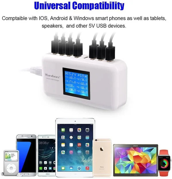 Vanbon 60W 8-Port USB Wall Charger Multi Port USB Charger Charging Station w/LCD
