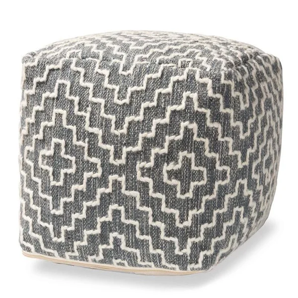 Bowery Hill Bohemian Grey and Ivory Cotton Blend Pouf Ottoman