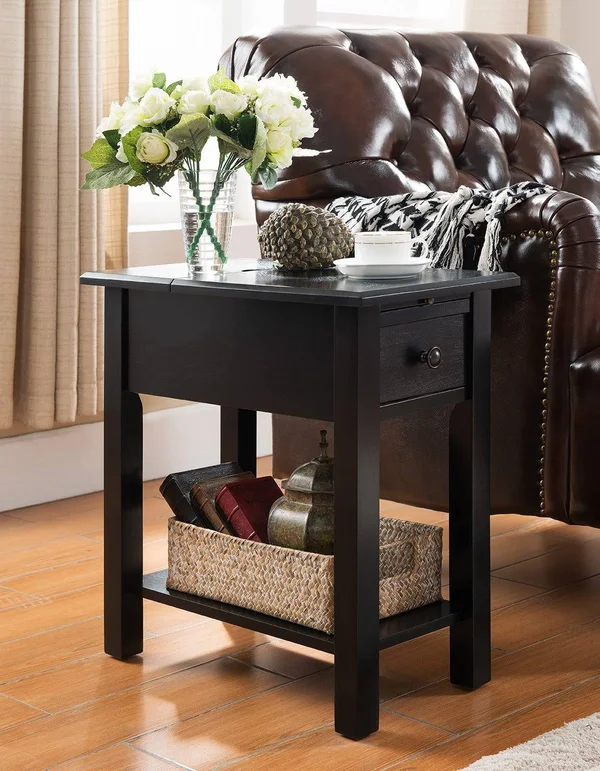 One Source Living Sutton Side Table with Charging Station in Black