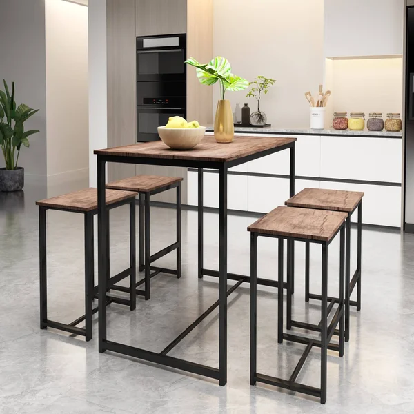 5 Piece Dining Set for 4 Rustic Kitchen Counter Height Pub Table Set with 4 Stools - Brown