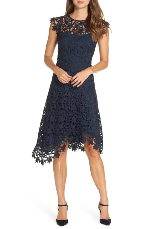 Women's Eliza J Asymmetrical Lace Fit & Flare Dress - Size 8 - Blue