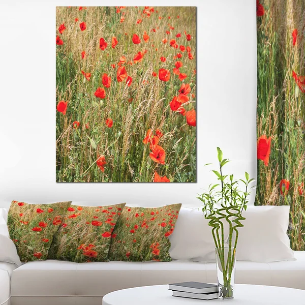 Designart &Red Poppy Field with Full of Flowers& Photographic Print on Wrapped Canvas Size: 40x22 H x 30x22 W x 1x22 D
