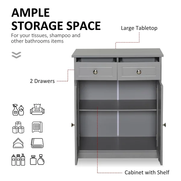 Kleankin Freestanding Bathroom Storage Cabinet Organizer Floor Tower with 2 DOOR, 2 Drawers, Adjustable Shelf, Grey