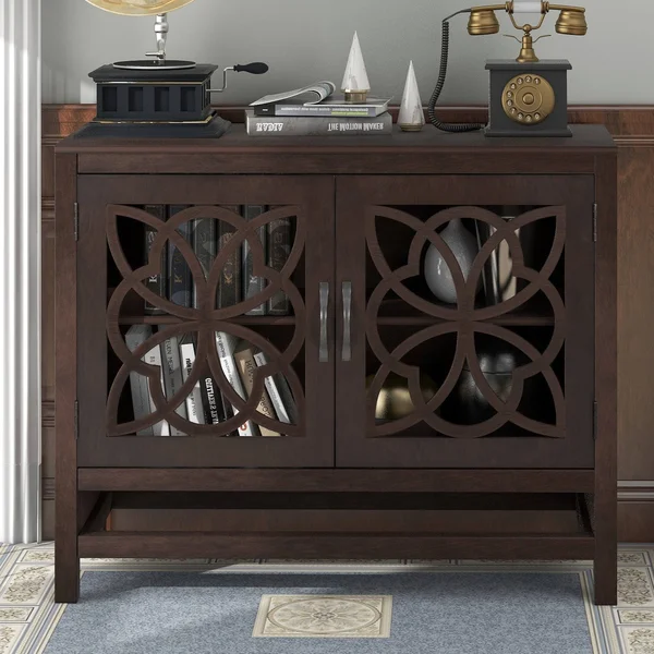 Wood Accent Buffet Sideboard Storage Cabinet with Doors & Shelf - Brown - Navy Blue