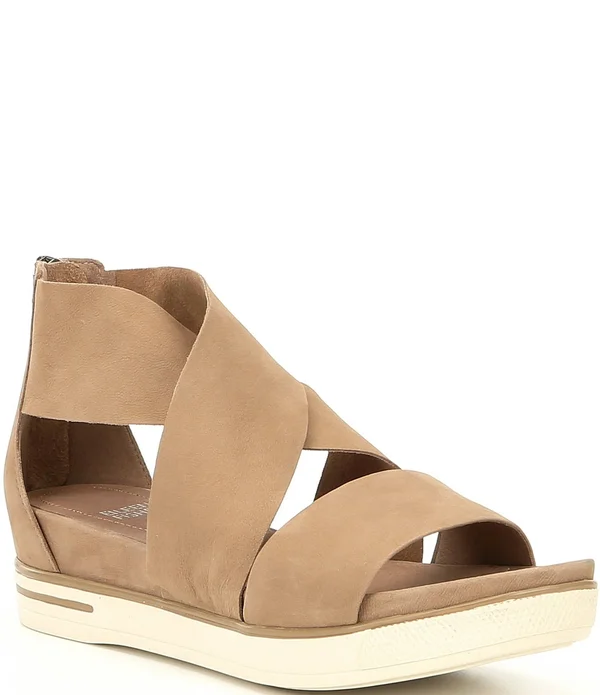 Eileen Fisher Tumbled Nubuck Leather Criss Cross Banded Backstrap Sport Wedge Platform Sandals - 6.5M