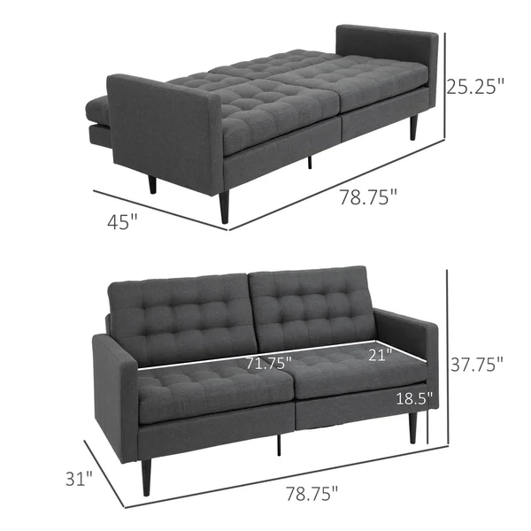 HOMCOM Linen Fabric Convertible Sofa Bed with Button Tufted Back Design - Adjustable Angles and Wood Legs, Grey
