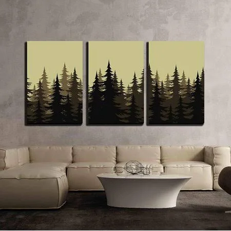 Wall26 - 3 Piece Canvas Wall Art - Seamless Background, Landscape, Night Forest with Fir Trees Silhouettes. Vector - Modern Home