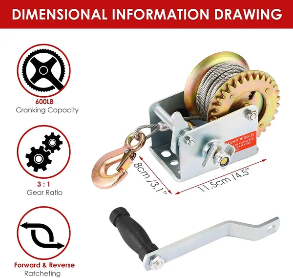 Aceshin Heavy Duty Hand Winch, 600lbs Hand Crank Strap Cable Gear Winch ATV Boat Trailer