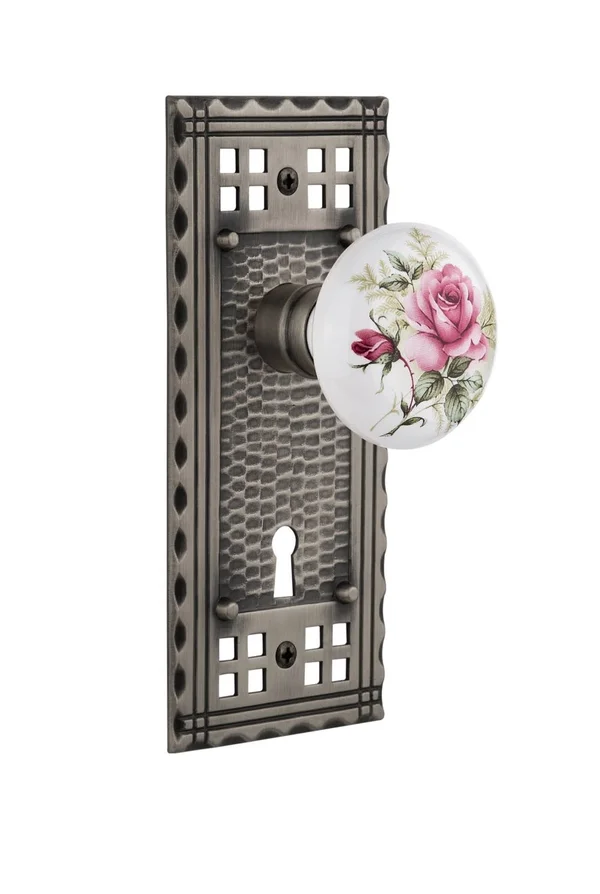 Nostalgic Warehouse 718051 Craftsman Plate with Keyhole Privacy White Rose Porcelain Door Knob, Antique Pewter